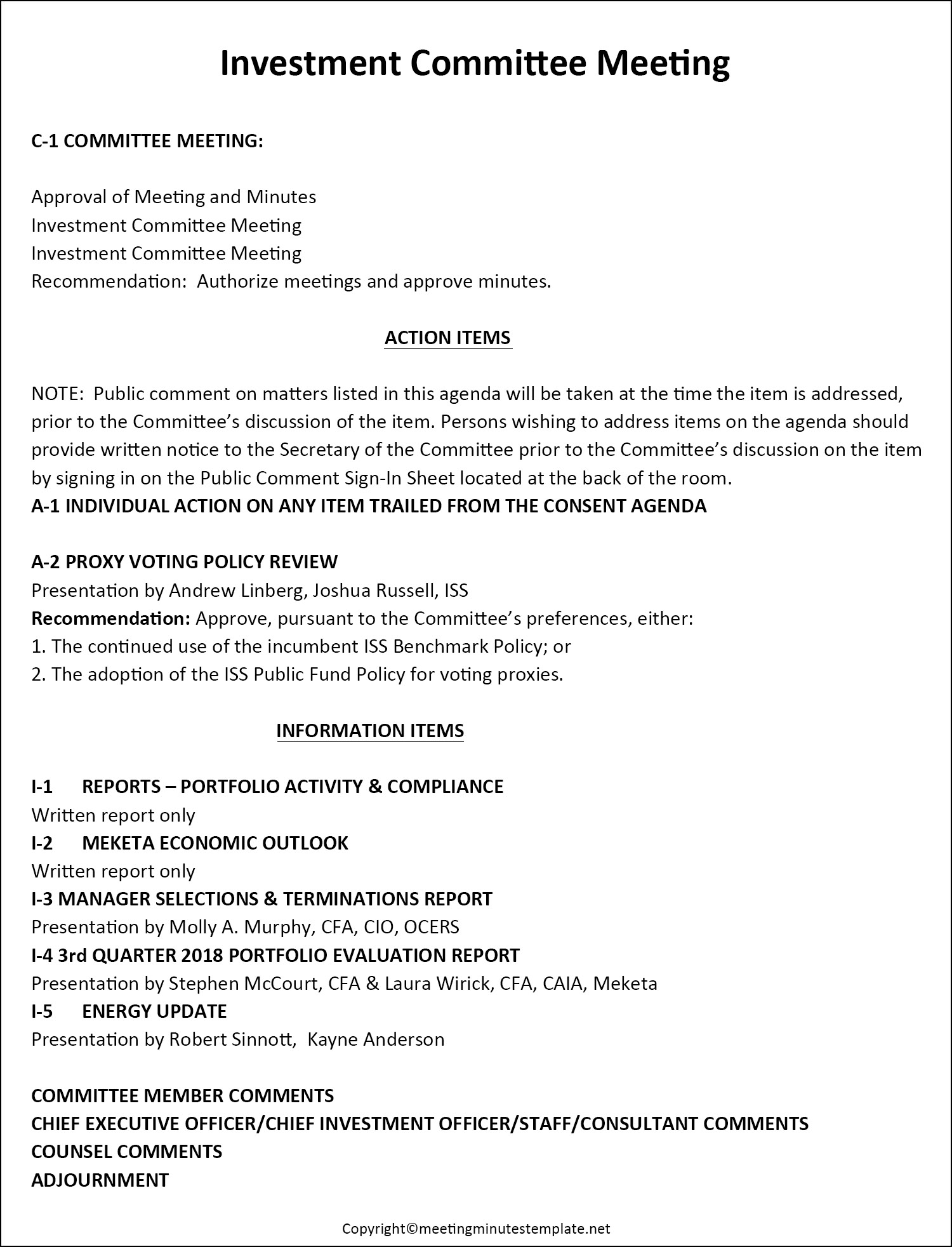 Investment and Audit Committee Meeting Minutes Template